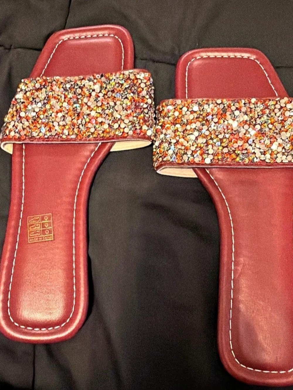 Embellished Slide Sandals in Red